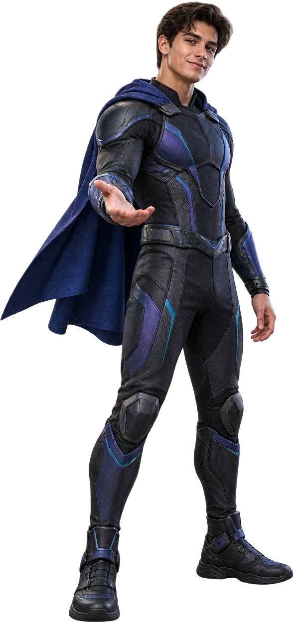 Super-herói tecnológico com traje grafite e azul, capa e mão estendida, convidando para a aventura da programação